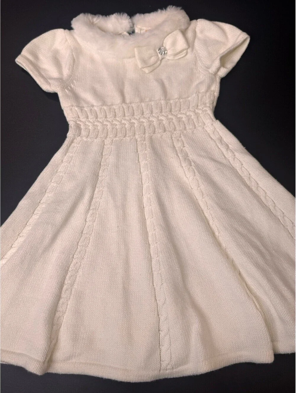 Gymboree Cable Knit Sweater Dress Ivory Girls Sz 4 Fur collar cap sleeve